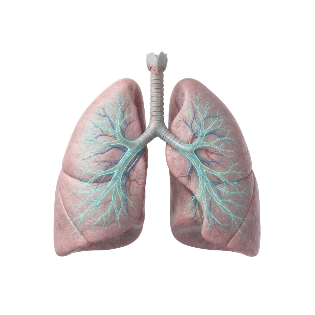 3D anatomical illustration of human lungs showing bronchial tree and vascular structure