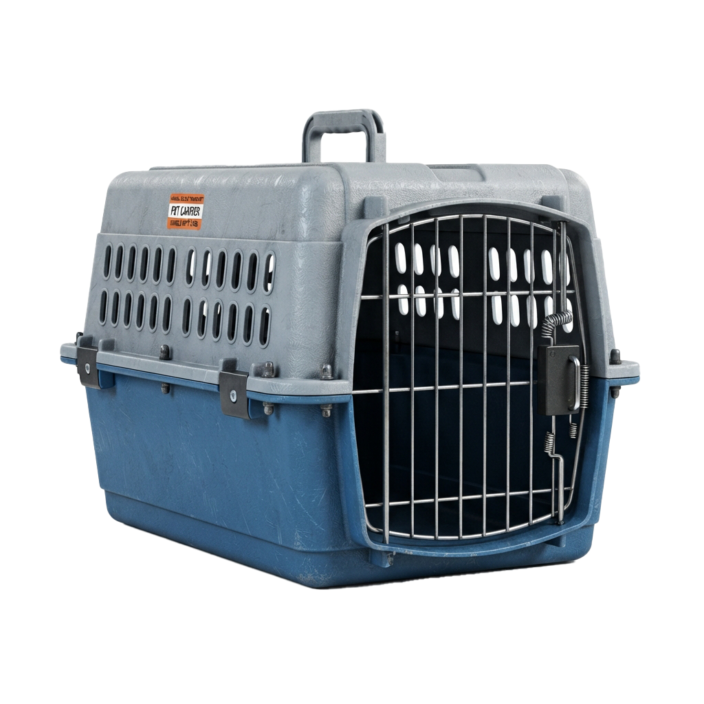 A blue and gray plastic pet carrier with a metal mesh door and ventilation holes on the sides