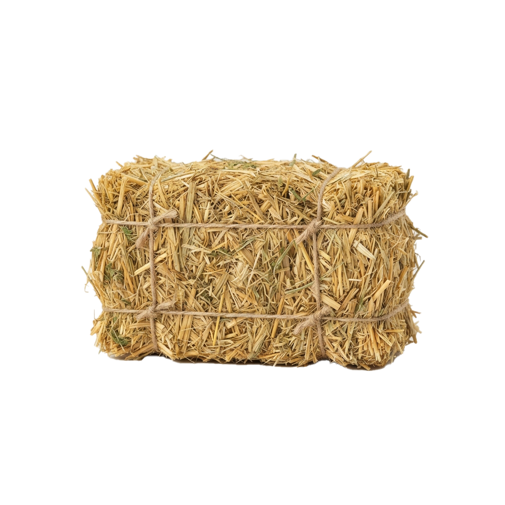 A rectangular bale of dried hay secured with twine against a dark background
