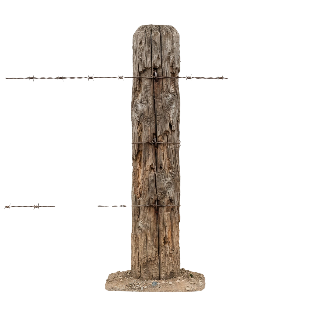 A weathered wooden post secured with barbed wire and metal crossbars against a dark background