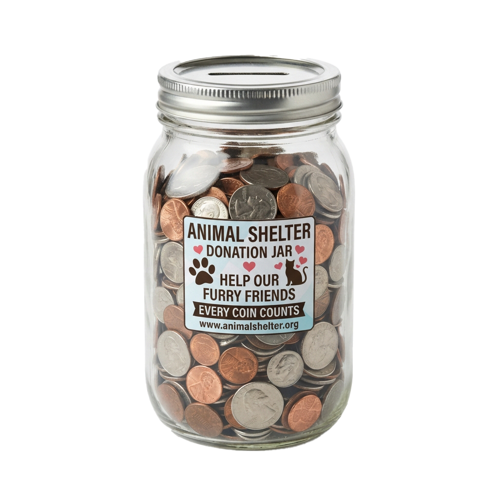 Glass donation jar filled with coins labeled Animal Shelter Donation Jar to help furry friends