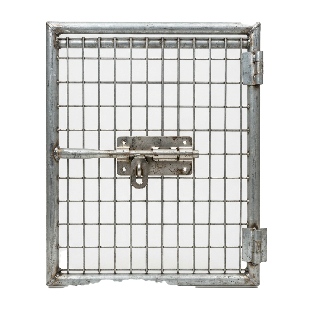 Close-up of a metal cage door featuring a latch and two hinges, showing a grid pattern.