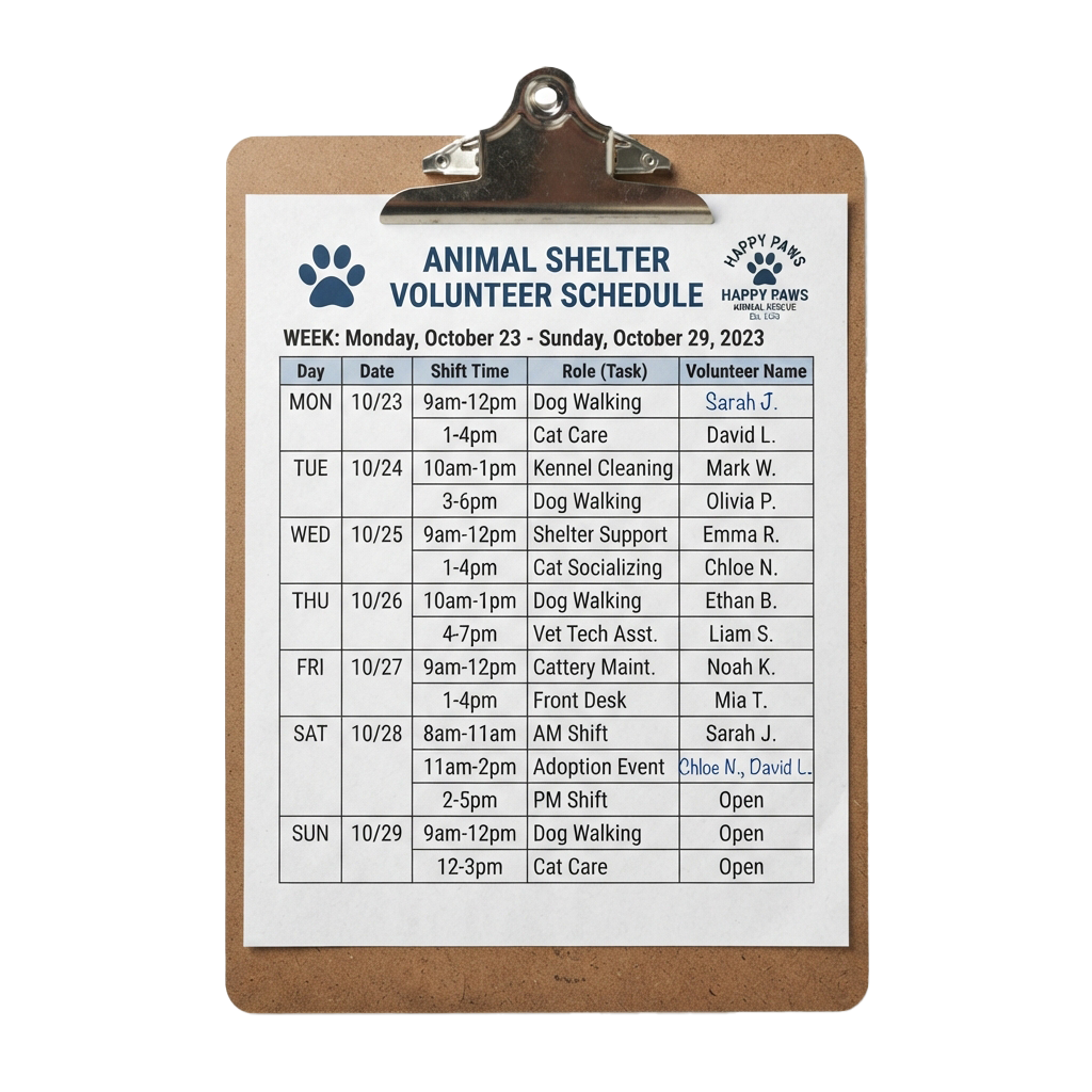 Clipboard showing a weekly volunteer schedule for an animal shelter with tasks and shift times