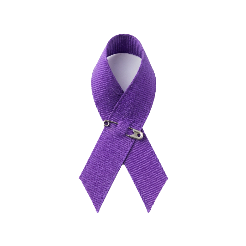 A purple ribbon symbol with a silver clasp, often used for awareness campaigns.