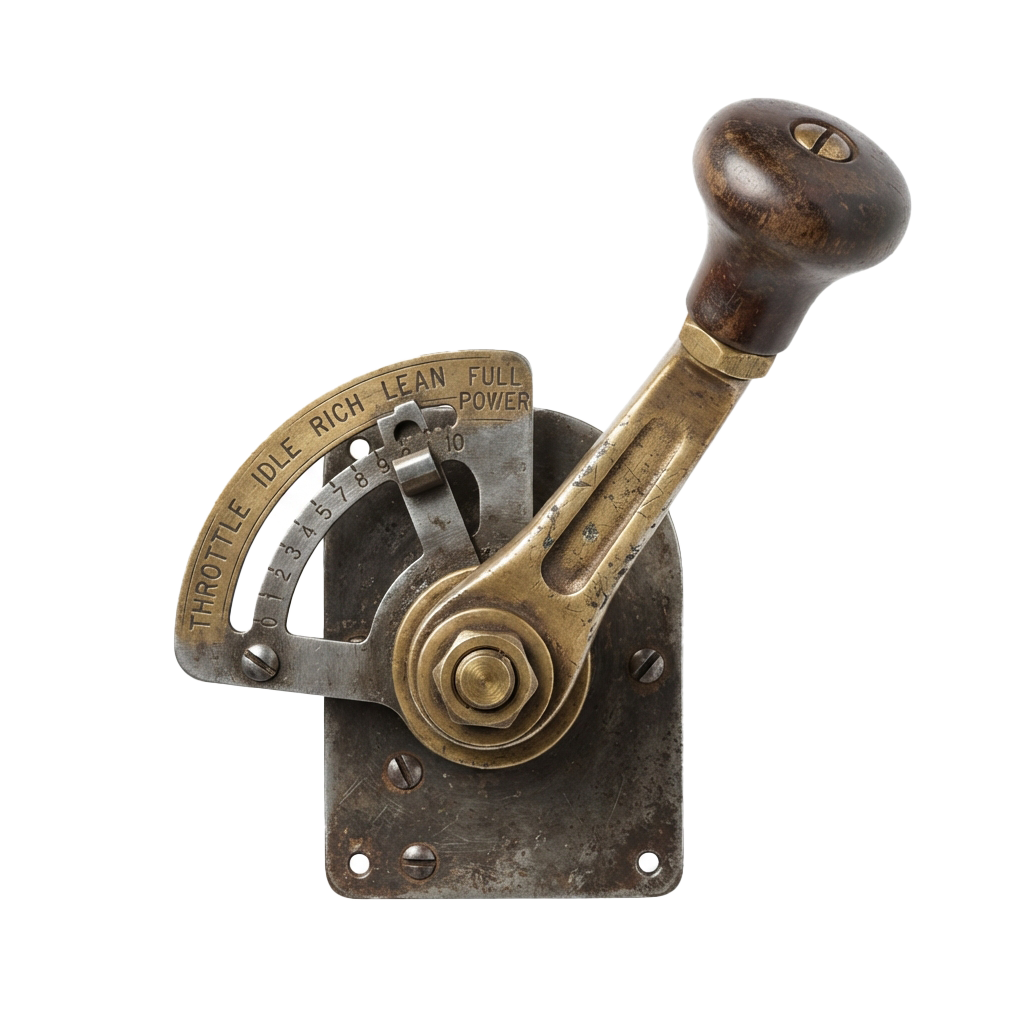 A close-up of an old throttle and choke lever with markings for idle, rich, lean, and full power settings