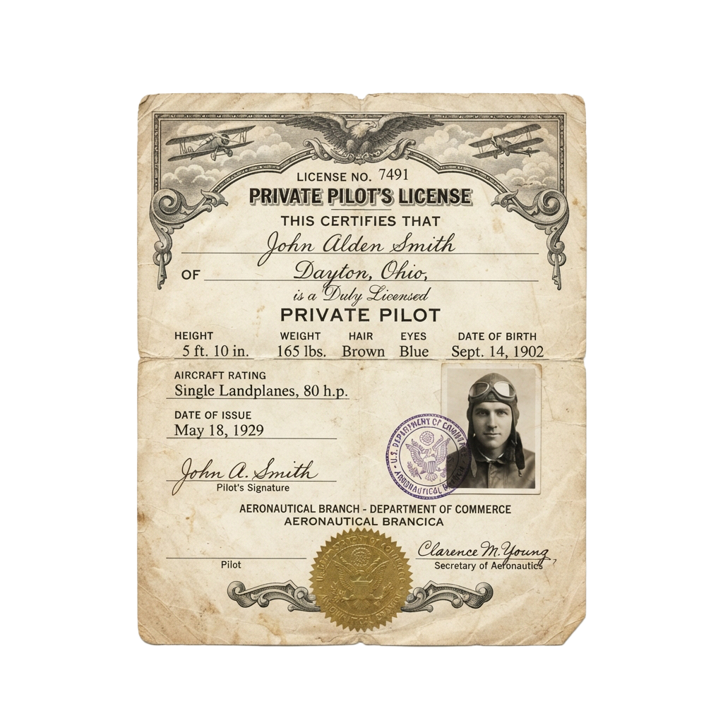Old paper private pilot license issued in 1929 with a photo of the pilot and details like height, weight, and aircraft rating