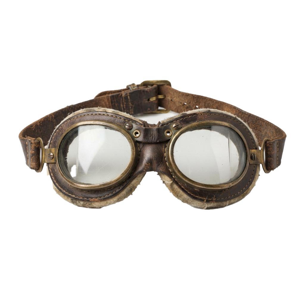 Pair of old leather goggles with clear round lenses and metal rivets