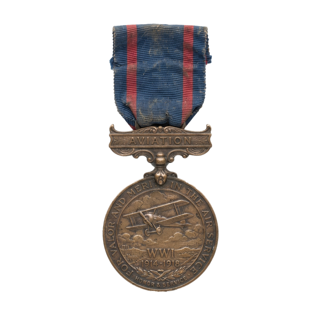 WW1 Aviation Medal with blue and red ribbon, featuring an airplane and text for valor in air service from 1914 to 1918