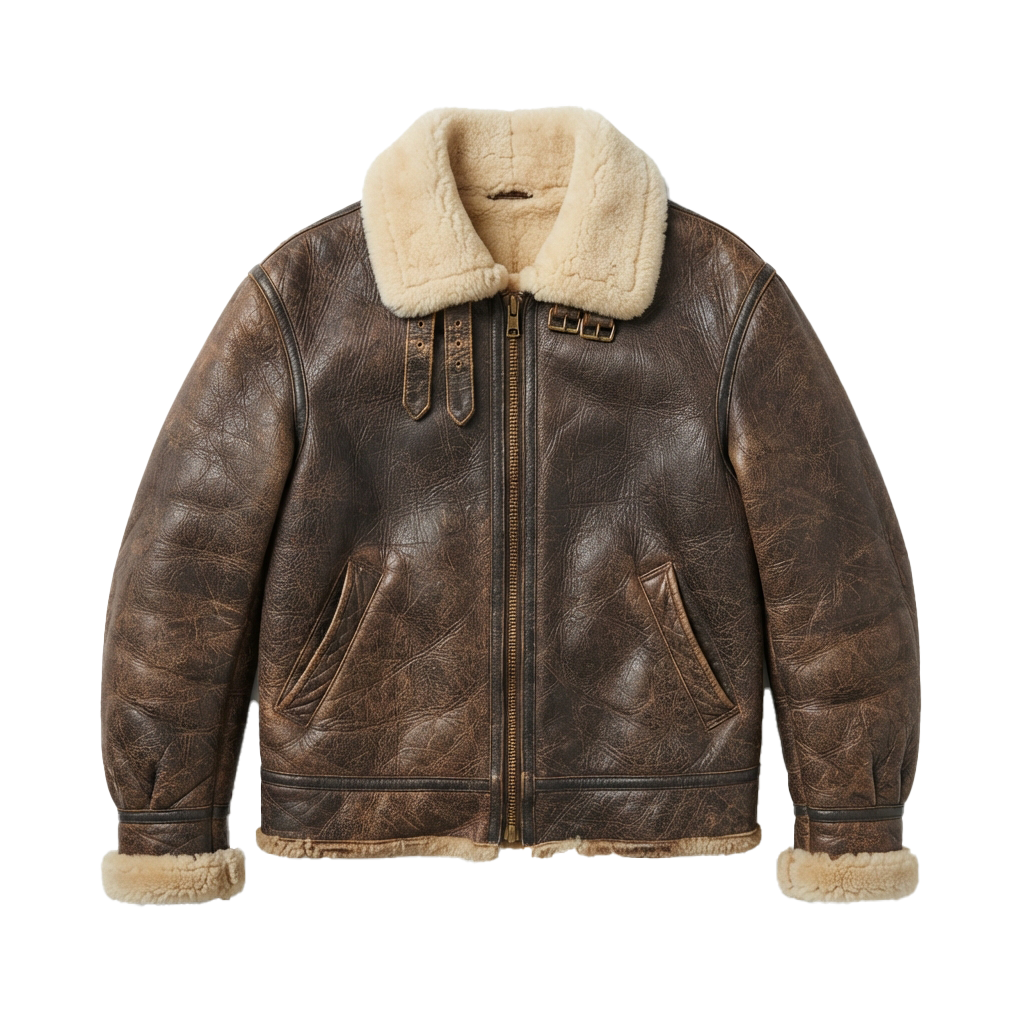 A brown leather jacket featuring a shearling collar and cuffs, double-breasted front with button details and two chest pockets.
