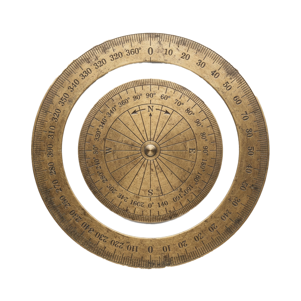 A vintage circular protractor showing degrees and cardinal directions with a central pivot pin