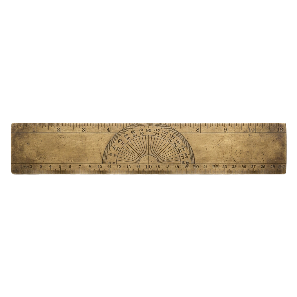 A vintage metal ruler with a built-in protractor measuring up to 30 centimeters and 180 degrees