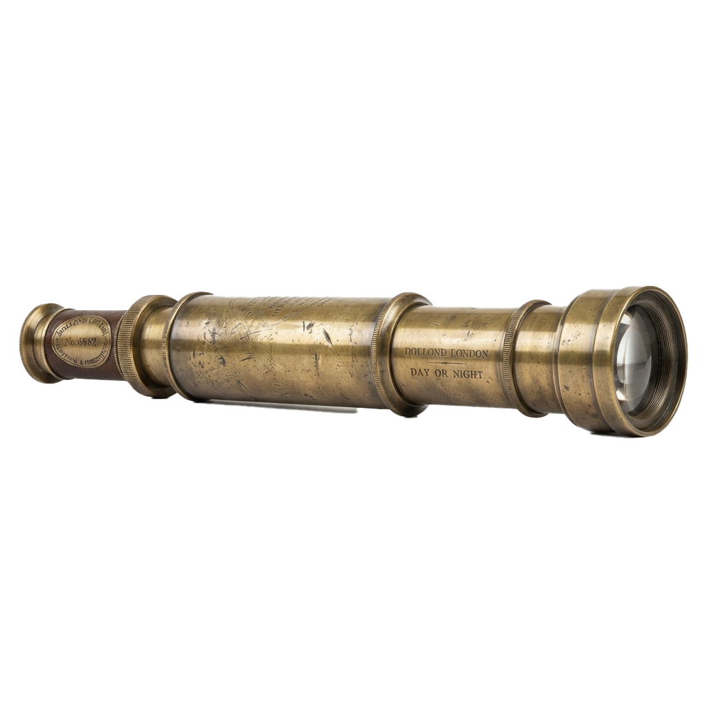 A vintage brass telescope labeled Day or Night, featuring a lens and focus wheel at one end.