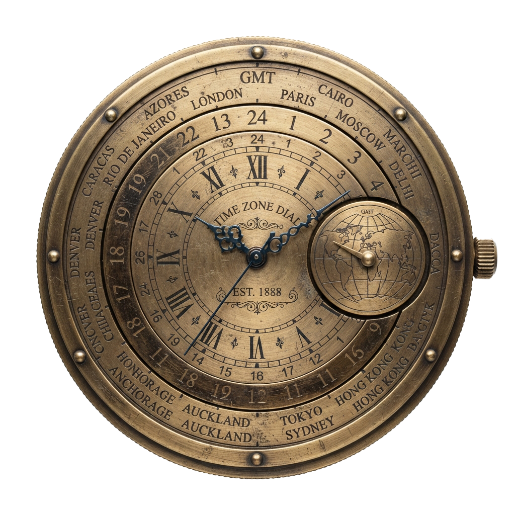 Antique-style watch displaying multiple time zones around the world with a globe subdial.