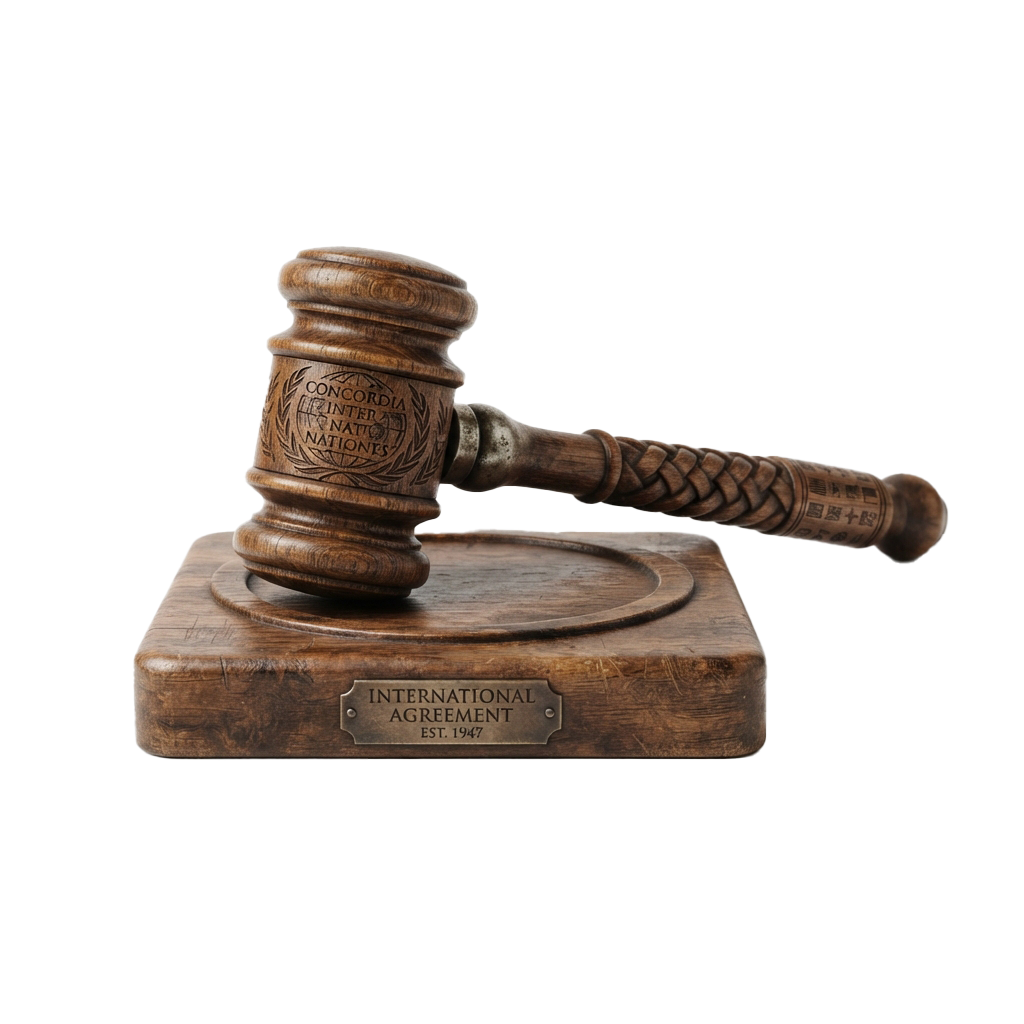 A wooden gavel with United Nations Concordia emblem resting on a base labeled International Agreement Est 1947