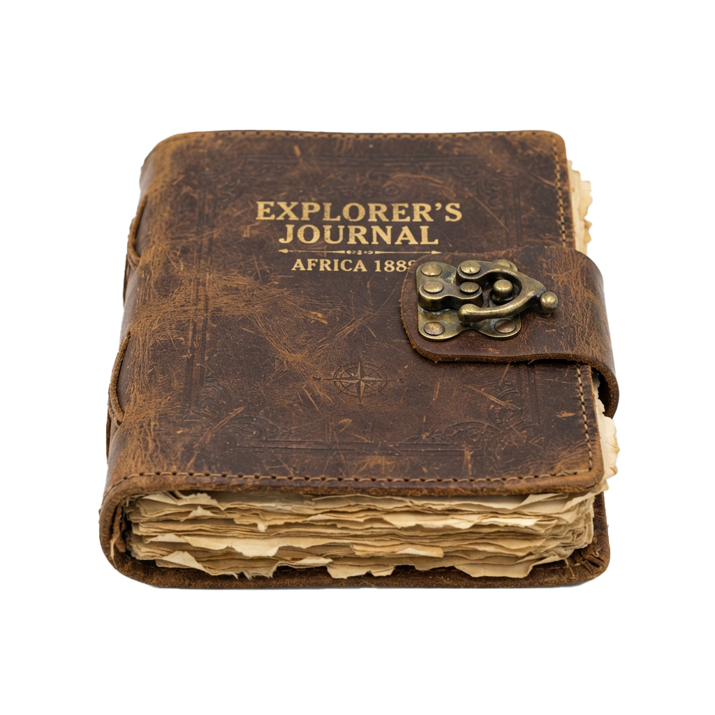Old leather-bound journal labeled Explorer's Journal Africa 1885 with brass clasp closure