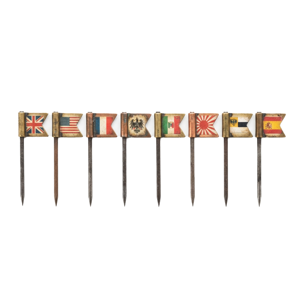 Nine vintage-style bookmarks featuring flags of different countries on a black background
