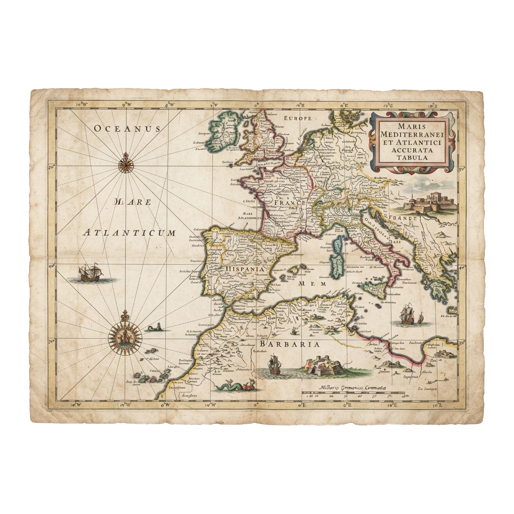 Old map of the Mediterranean Sea and Atlantic Ocean showing Europe, North Africa, and parts of Spain and Italy with sailing ships and compass rose.