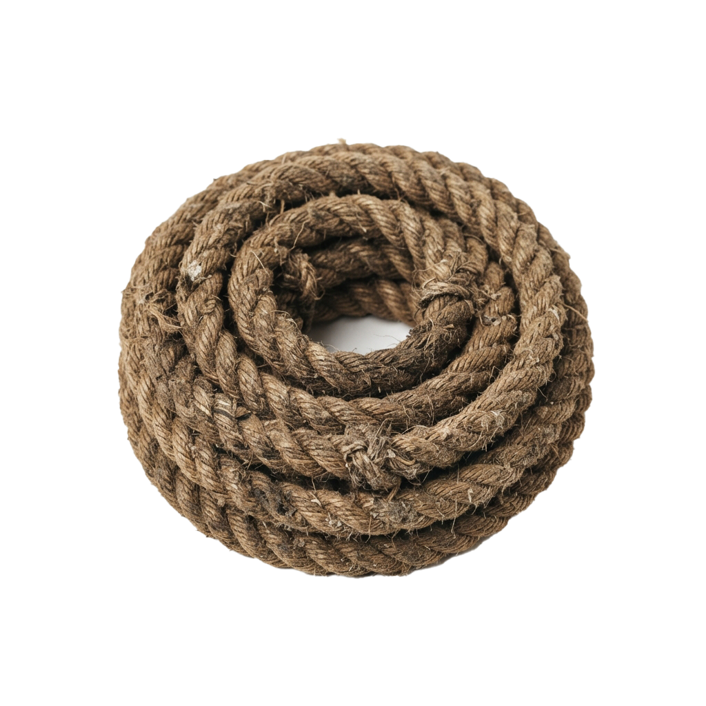 A coiled ball of thick, brown braided rope or yarn with a central hole.