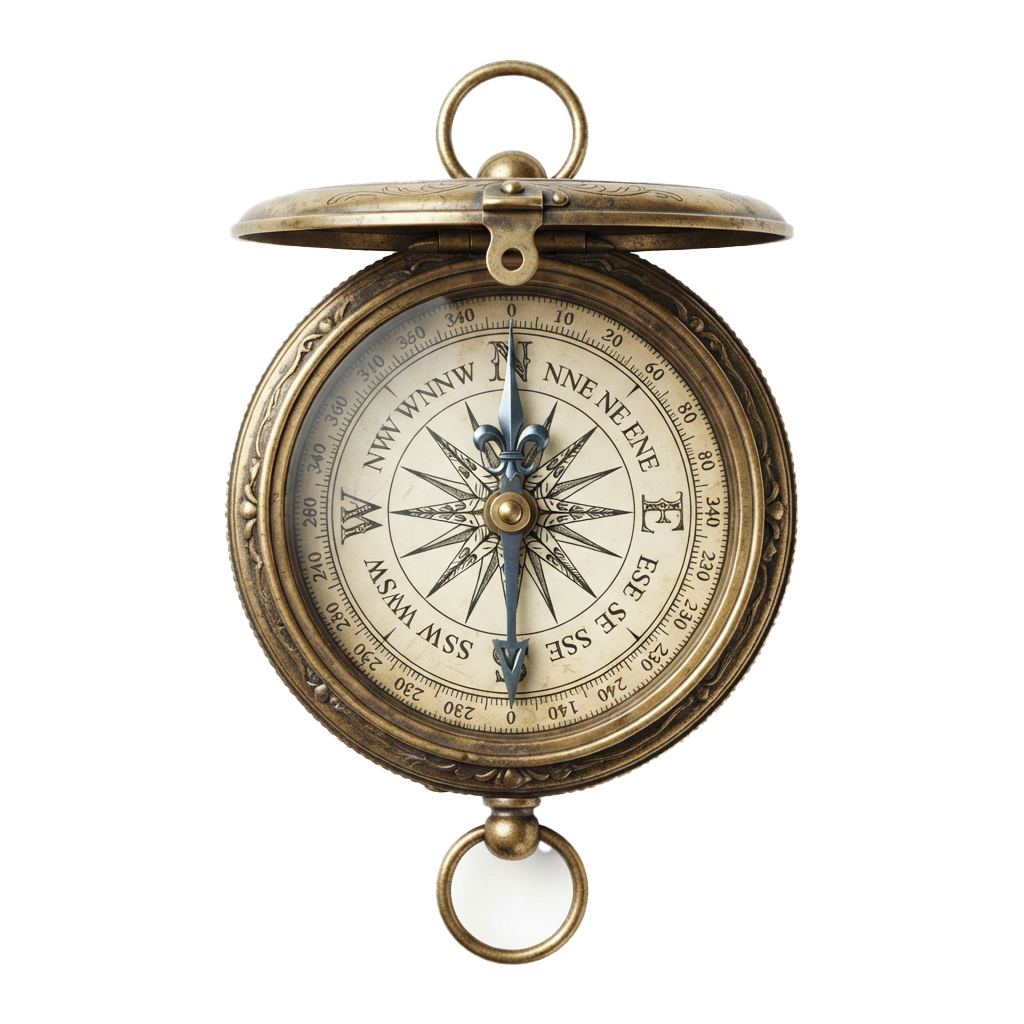 An antique brass pocket compass with a detailed card showing cardinal directions and degree markings