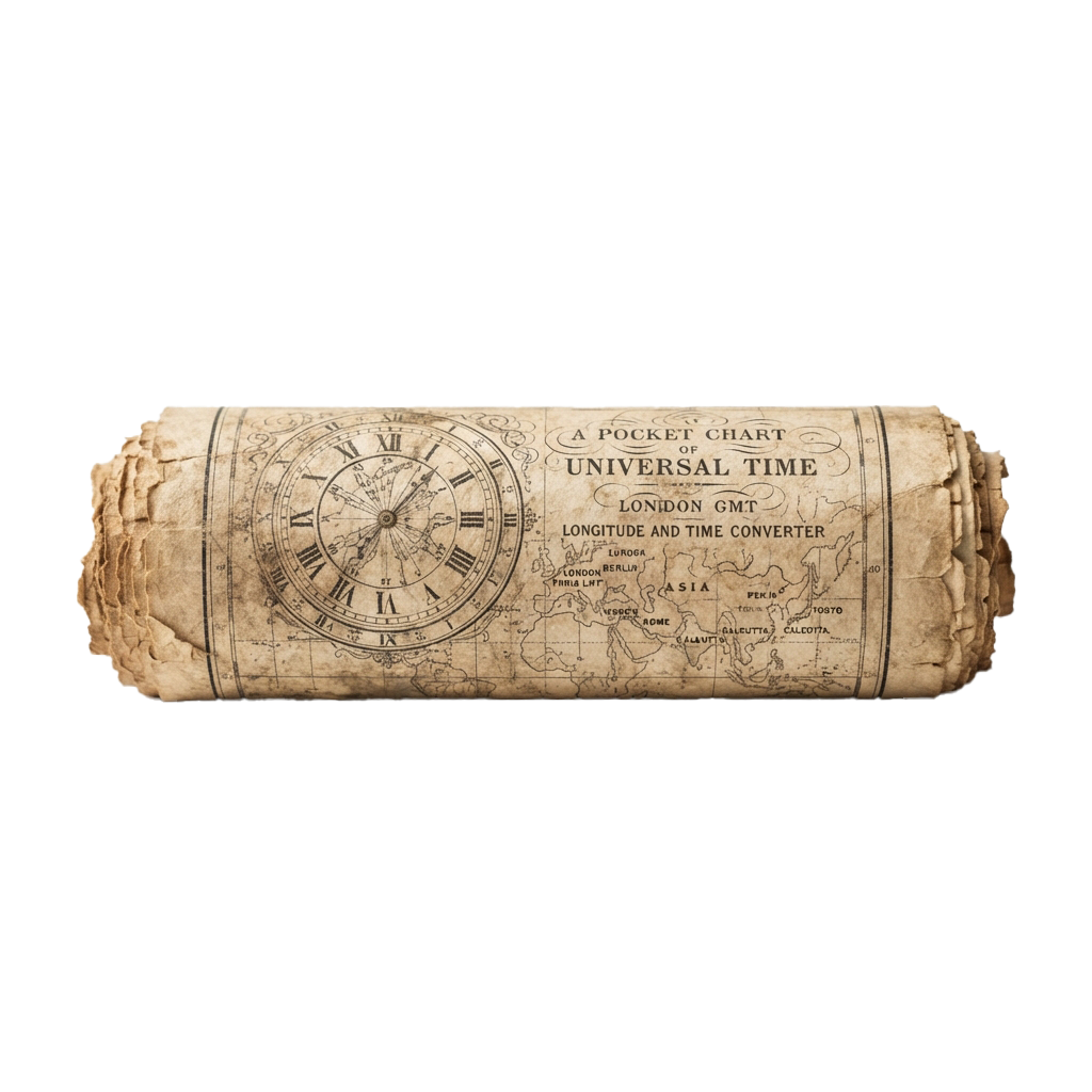 Antique rolled chart showing a clock face and world map for universal time conversion based on GMT and longitude