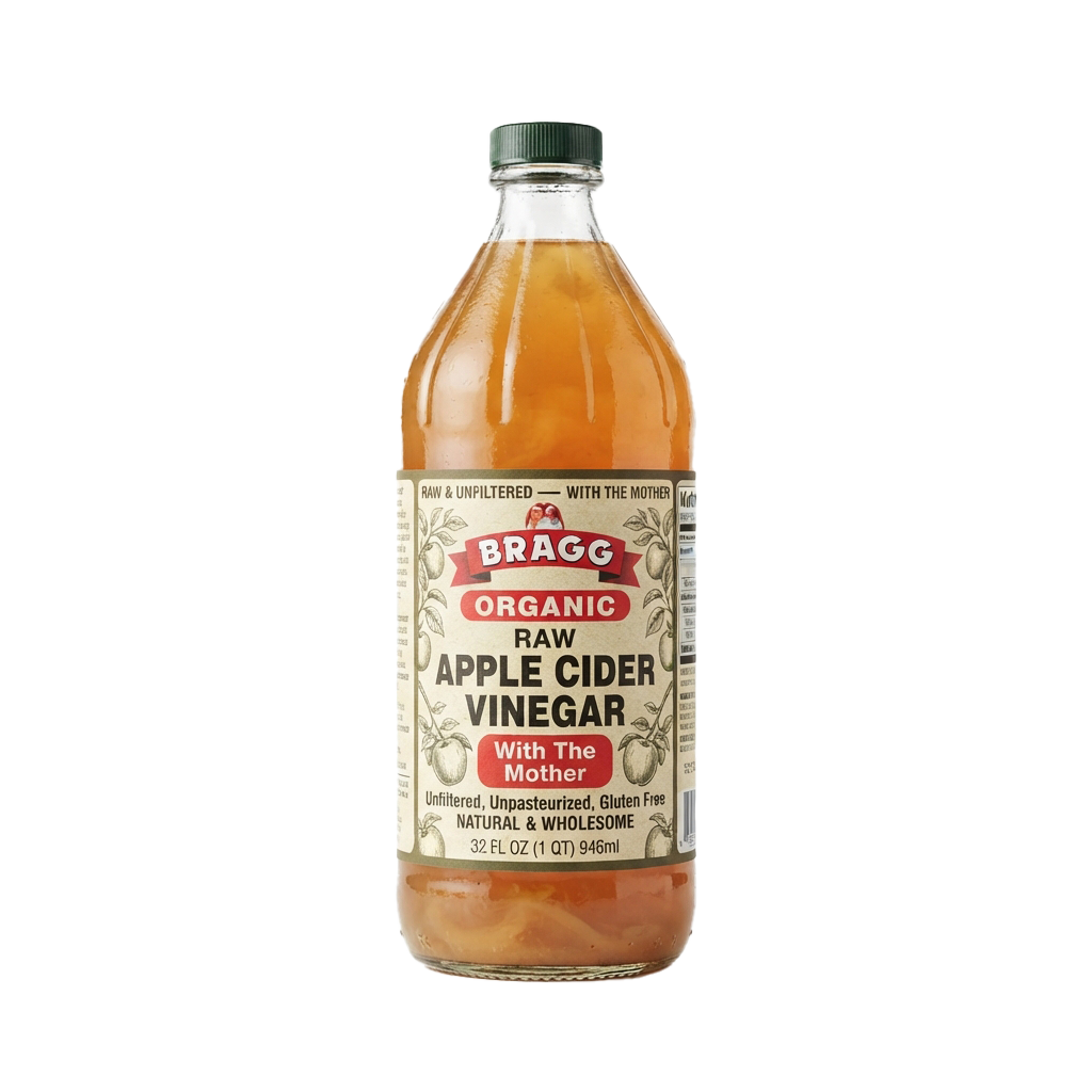 Bottle of organic raw apple cider vinegar with the mother, showing liquid and label details.