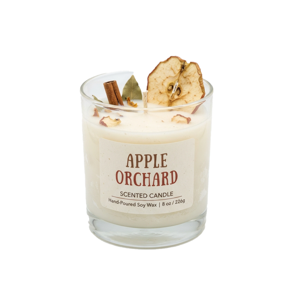 A glass jar candle labeled Apple Orchard with a slice of apple and cinnamon stick on top