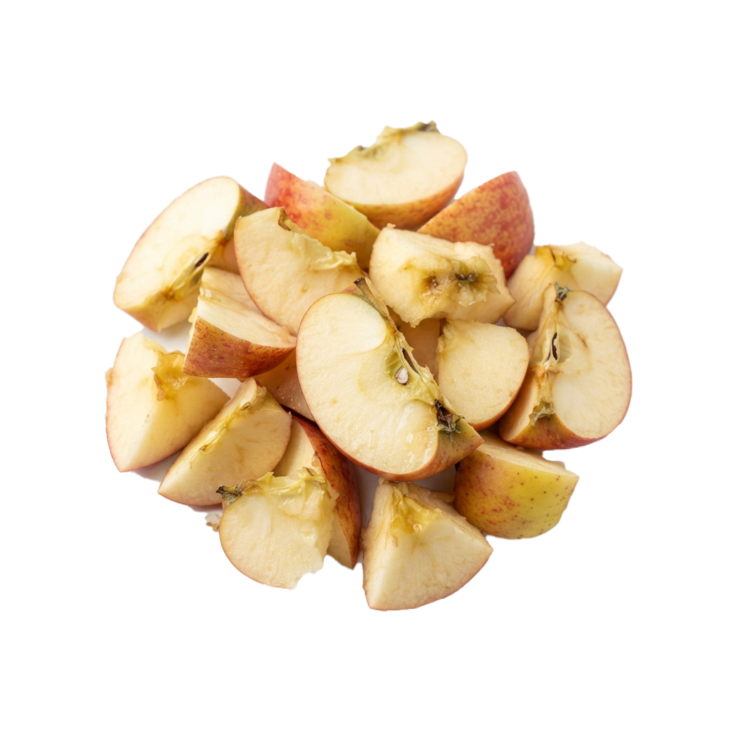 A pile of sliced apples with red and yellow skin, cut into wedges and arranged together