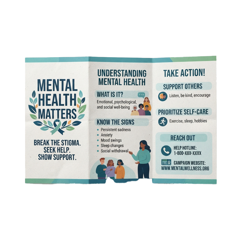 Mental health awareness poster showing definition, signs, and actions for support