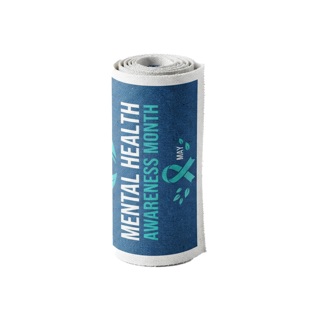 Blue towel roll with Mental Health Awareness Month and May ribbon logo
