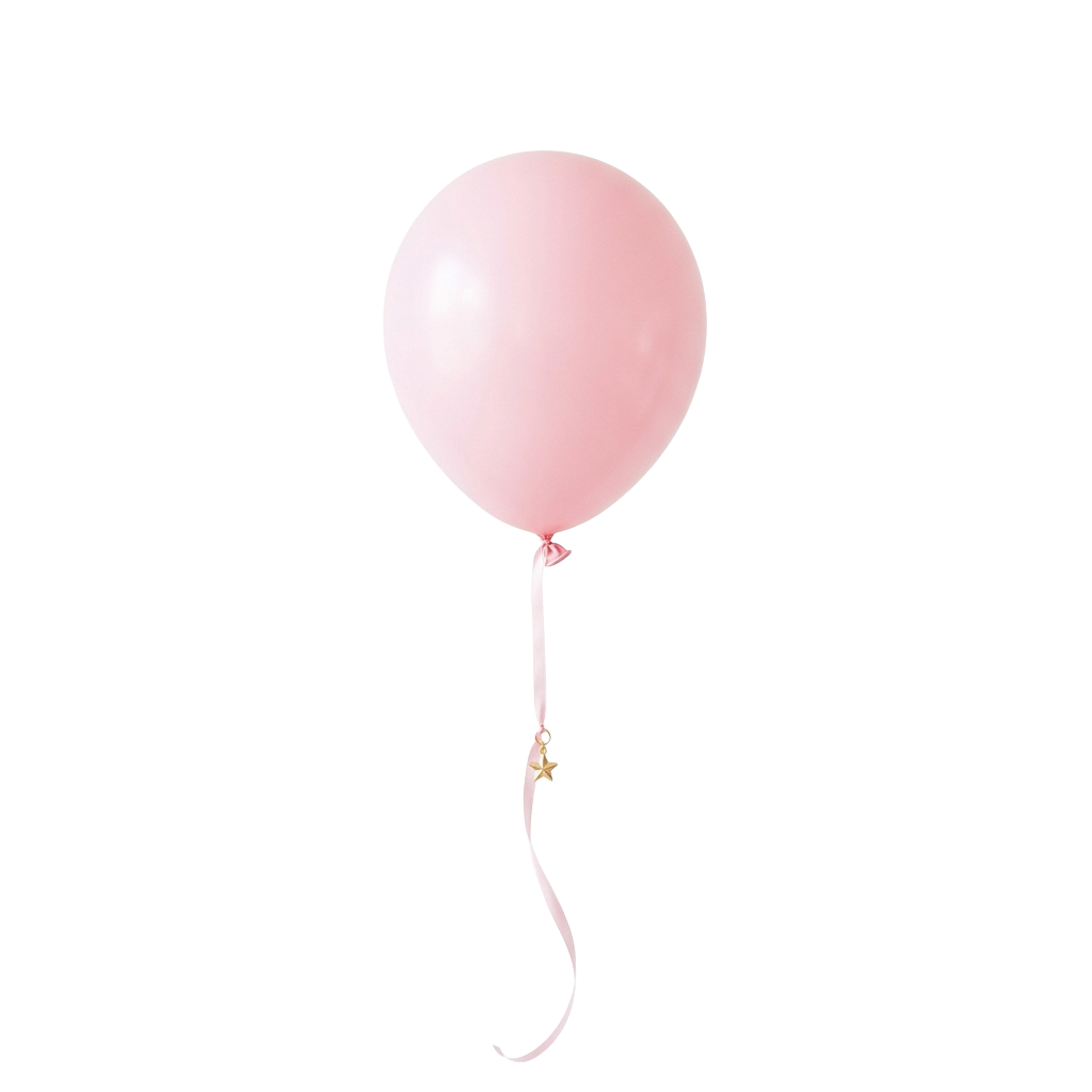 A single pink balloon floating in the air with a string and small gold star attached