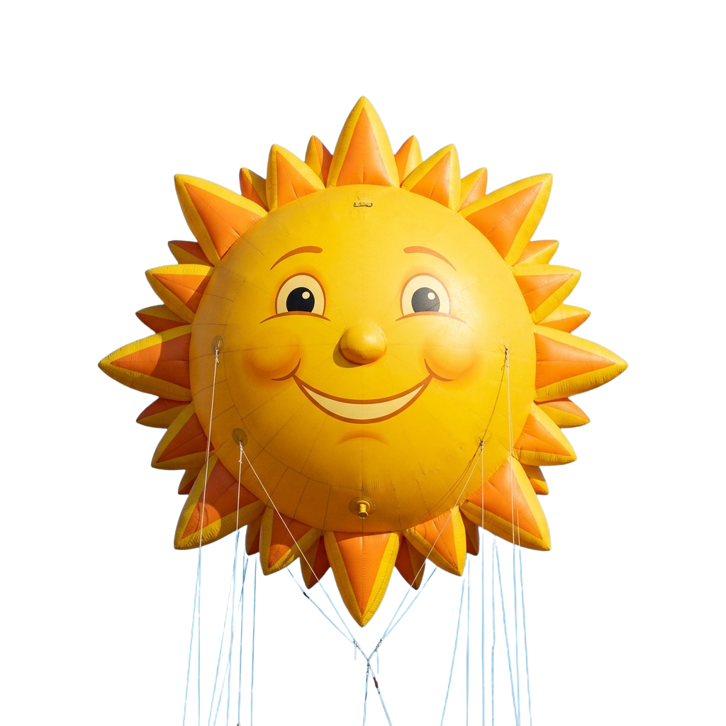 A smiling inflatable sun balloon with orange rays and attached strings against a dark background