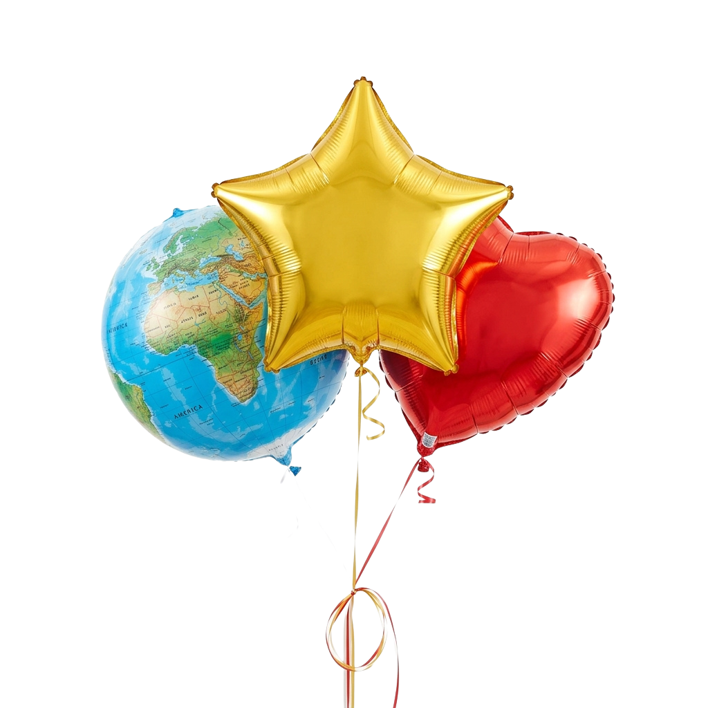 Three foil balloons: a globe, a gold star, and a red heart tied together with ribbon.