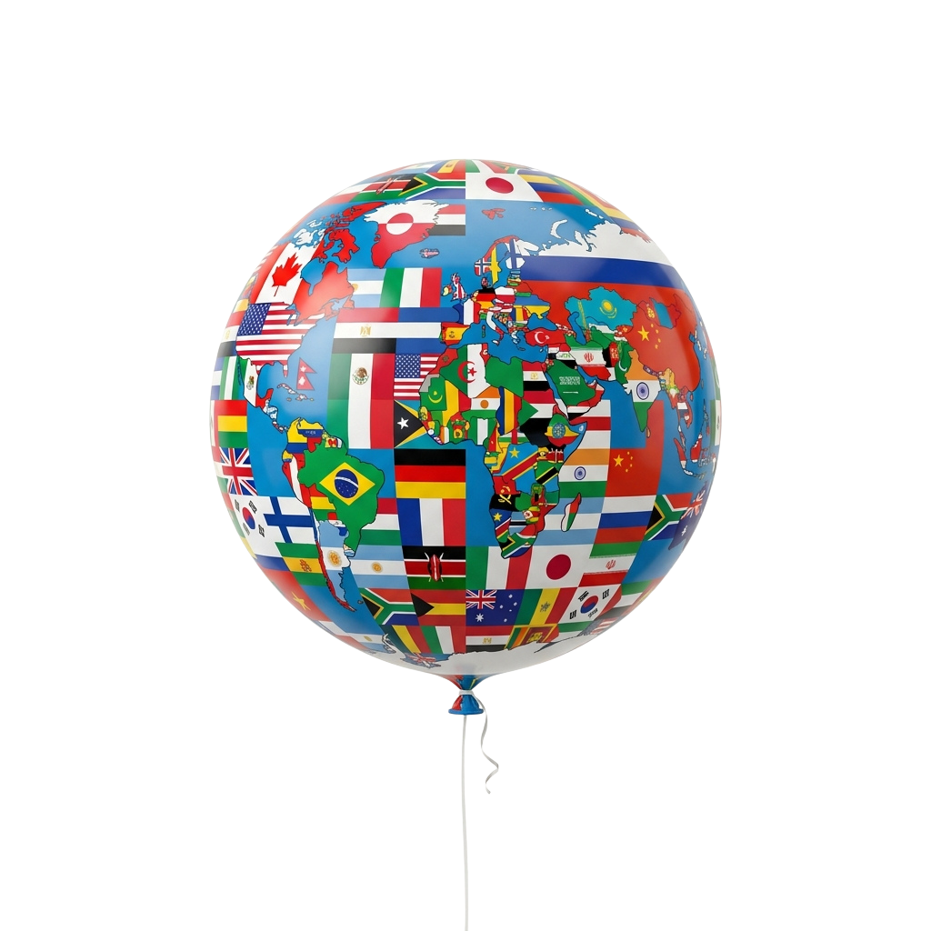 A round balloon decorated with various national flags on a black background