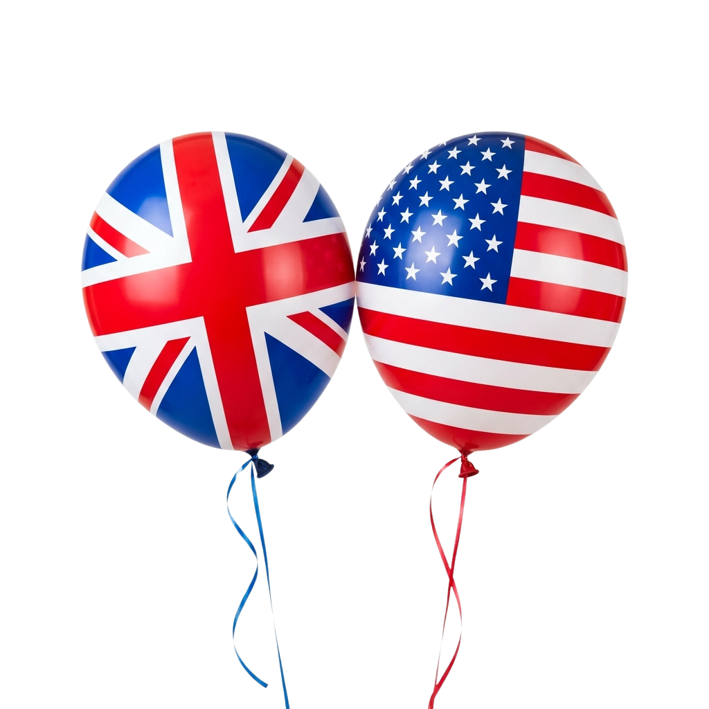 Two balloons shaped like the US and UK flags floating against a black background