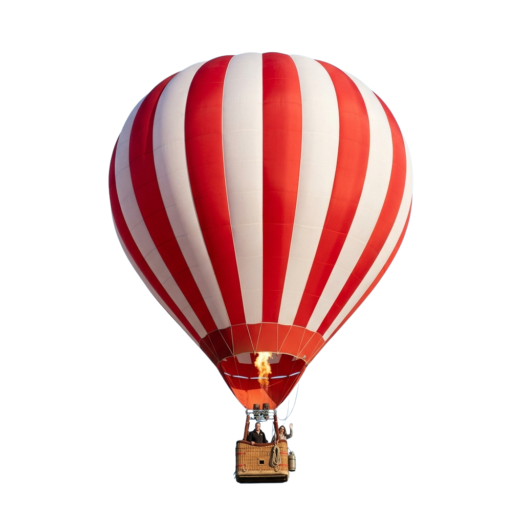 Hot air balloon with red and white stripes flying at night with a flame visible beneath the basket