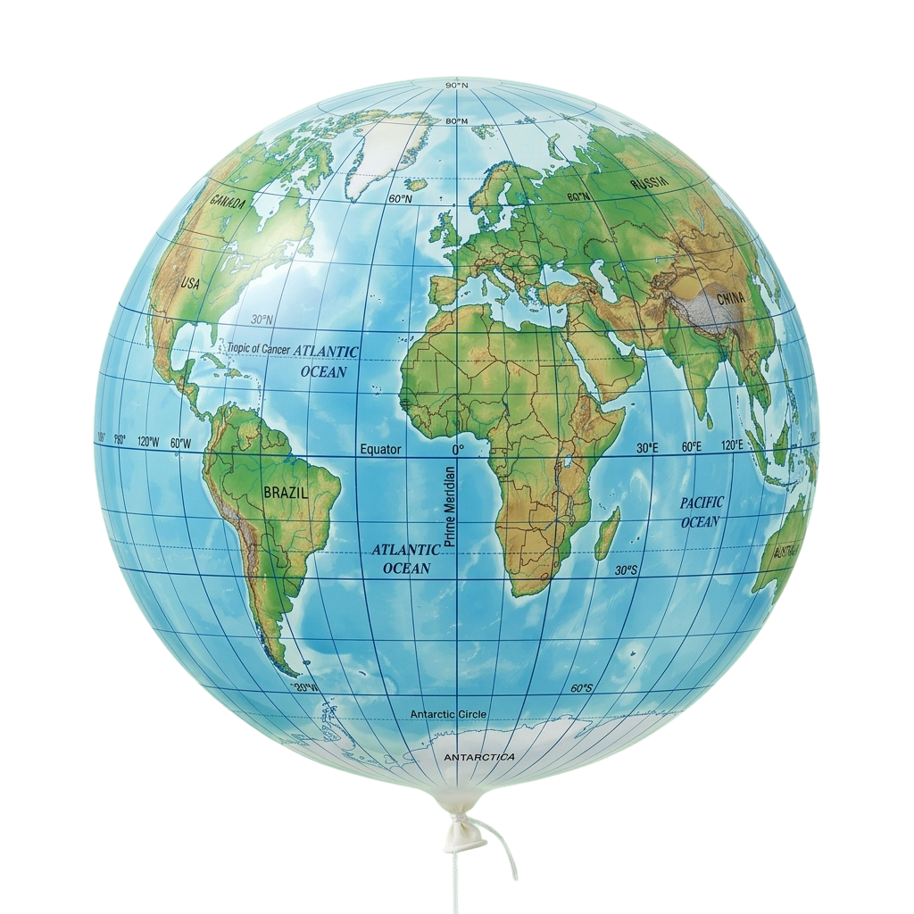 A colorful globe balloon showing continents, oceans, and key geographic lines like the Equator and Prime Meridian