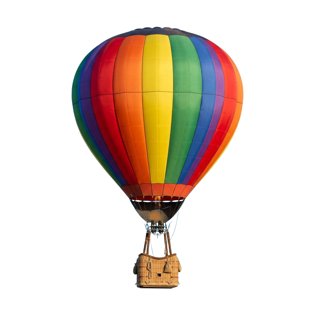 A vibrant hot air balloon with rainbow stripes floating against a dark night sky