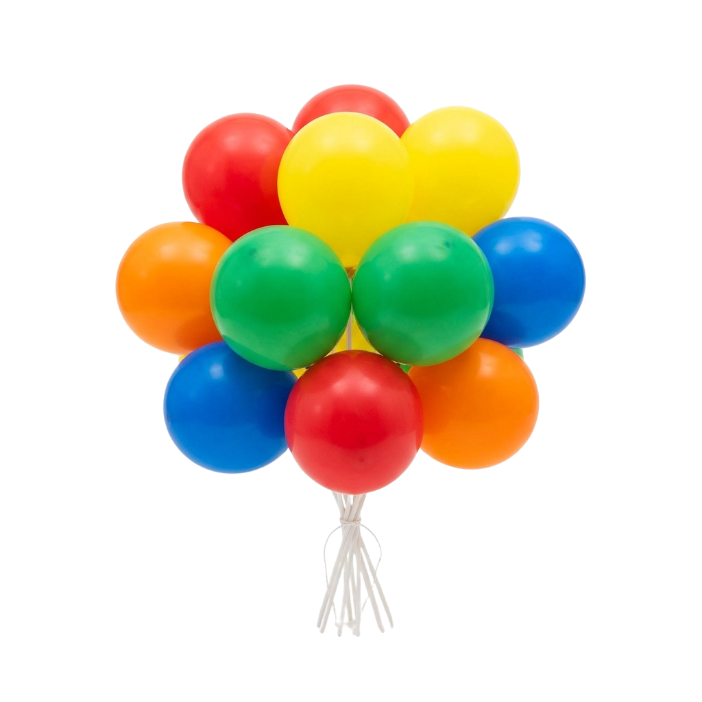 A cluster of twelve bright balloons in rainbow colors tied together with white strings