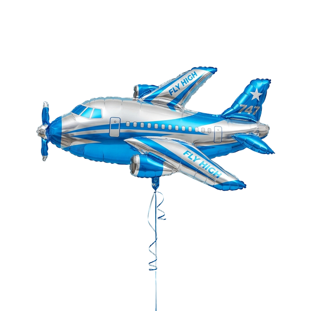 Inflatable balloon shaped like a blue and silver airplane with the words Fly High and number 747