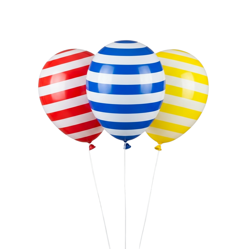 Three balloons with red, blue, and yellow stripes on white background