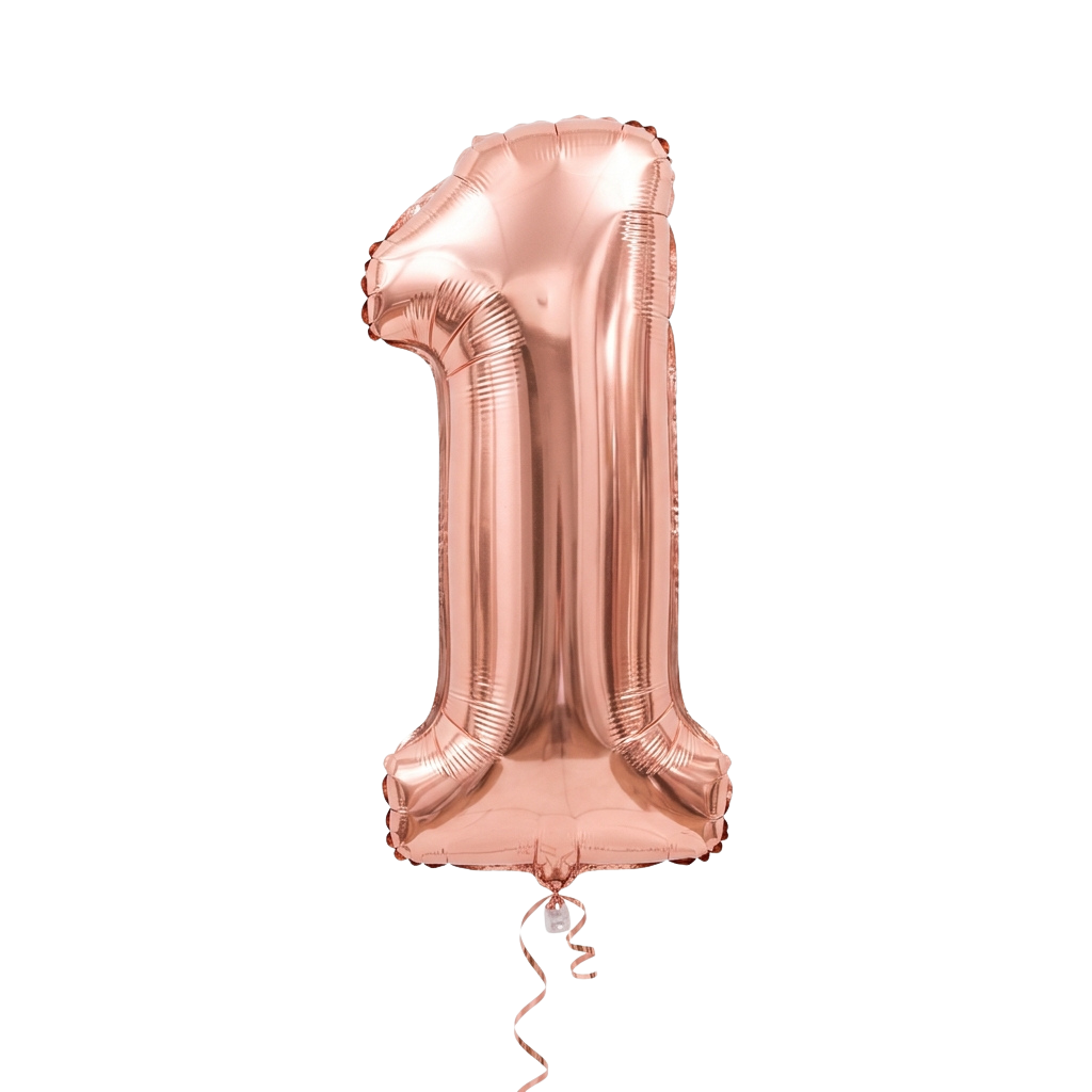 Shiny gold foil balloon shaped like the number one floating against a black background