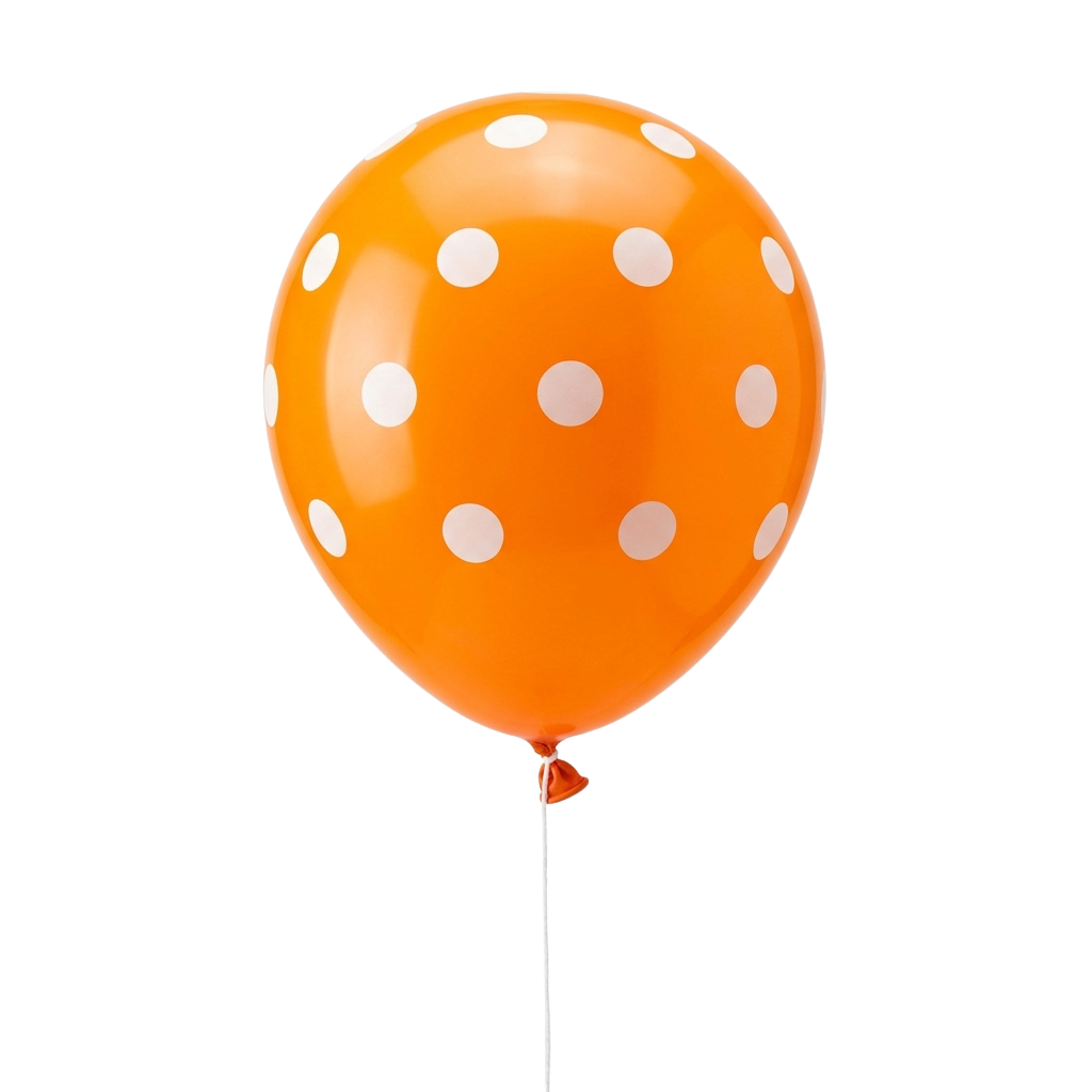 Bright orange balloon with white polka dots floating against a black background