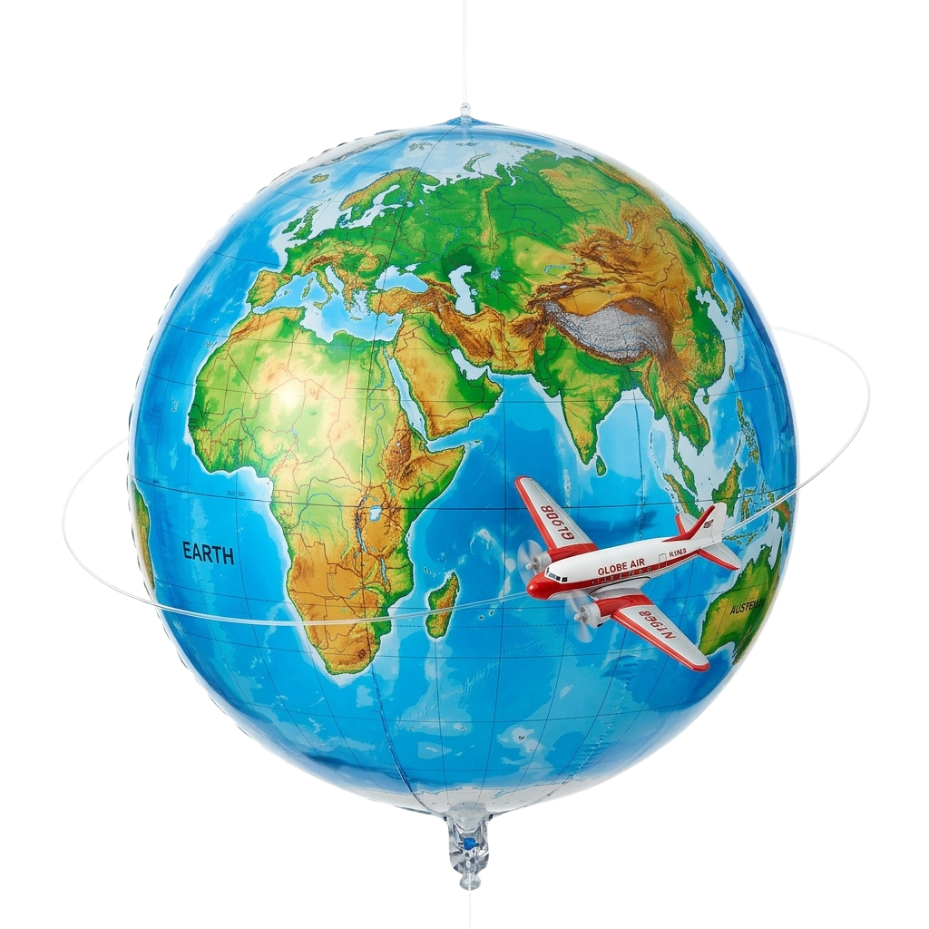 A globe with an airplane flying over Europe, Asia, and Africa illustrating global travel paths.