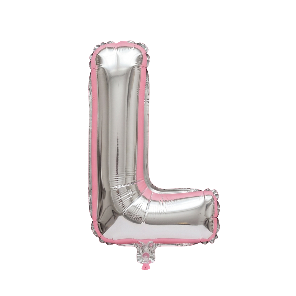 Shiny foil balloon shaped like the letter L with silver and pink edges