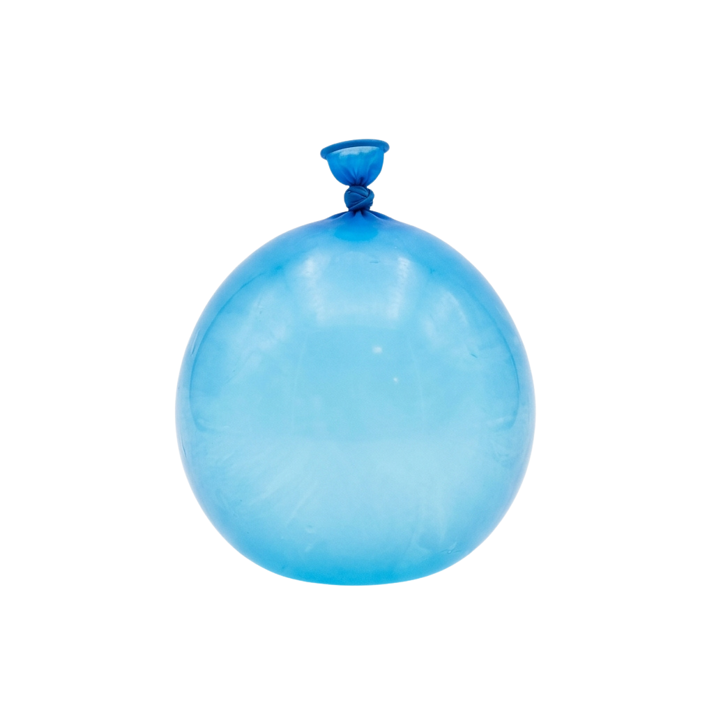 A large blue water balloon with a tied knot at the top against a black background