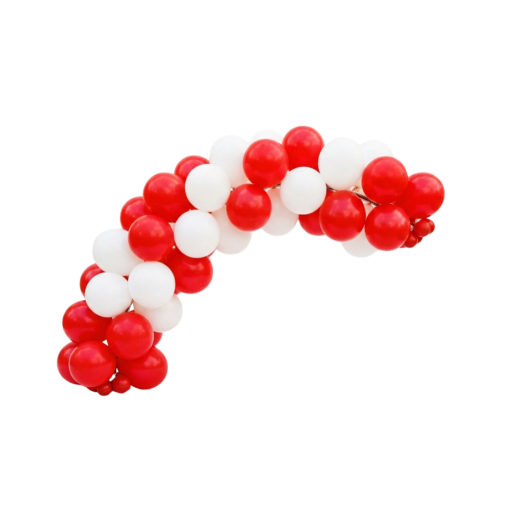 A 3D molecular model showing a polymer chain made of red and white spherical beads connected in a curved shape