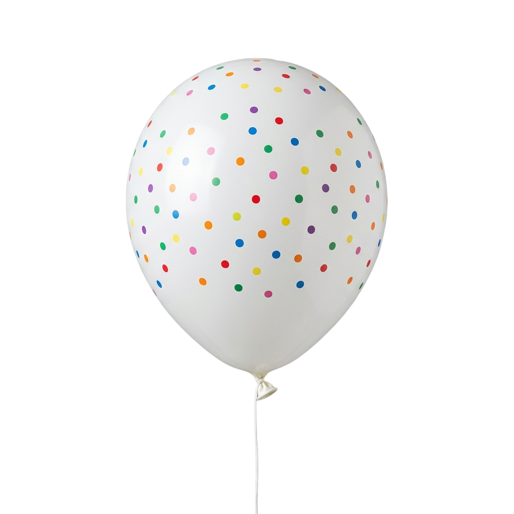 White balloon with multicolored polka dots against a black background