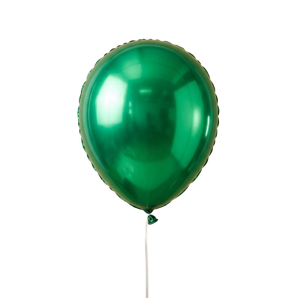 A single shiny green foil balloon floating against a dark background