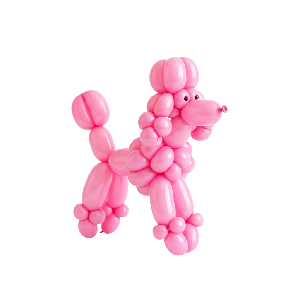 A pink balloon poodle sculpture standing on four legs with a curly tail