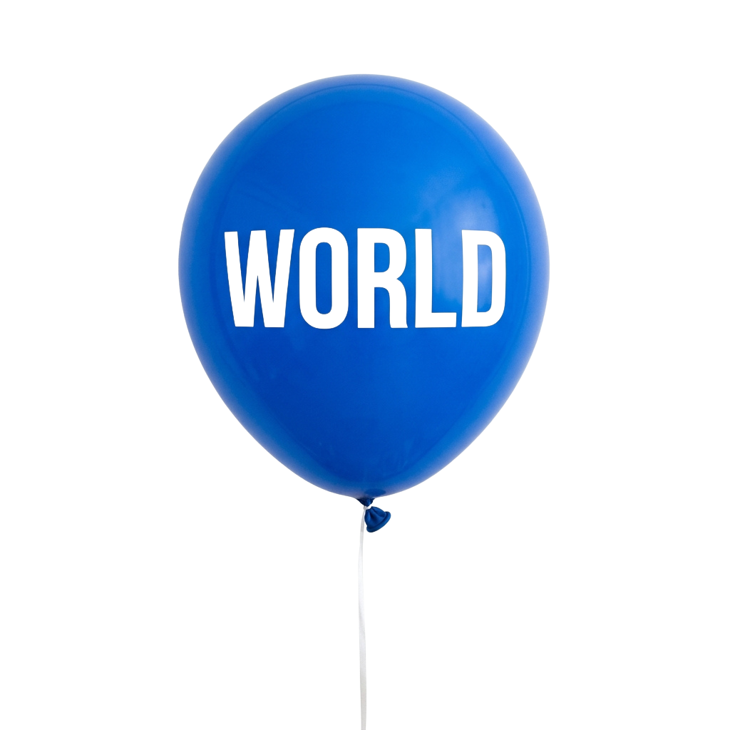 A bright blue balloon with the word WORLD printed in bold black letters